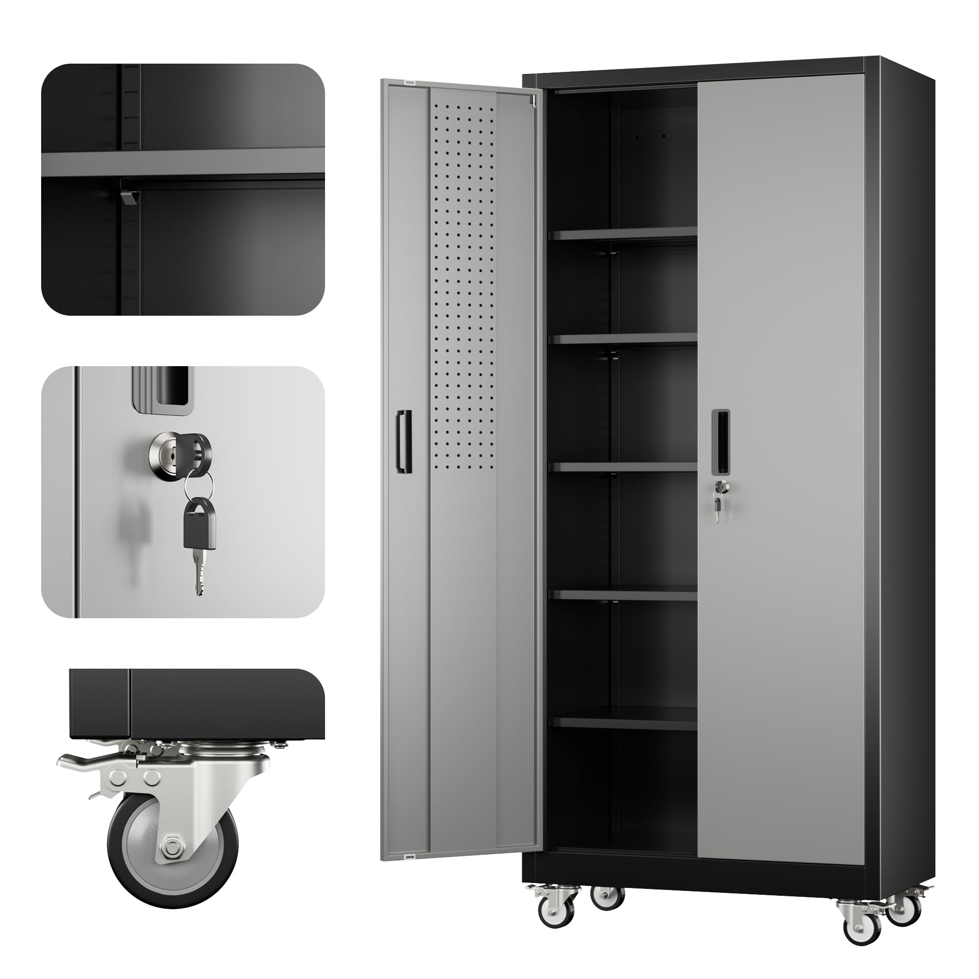 Aobabo Upgrade 71H''*34''W*18''D Metal Garage Storage Cabinet with Wheels and Pegboards, 5 Adjustable Shelves Steel Storage Cabinets for Home,Warehouse,Garage,Assembly Required,Black Gray