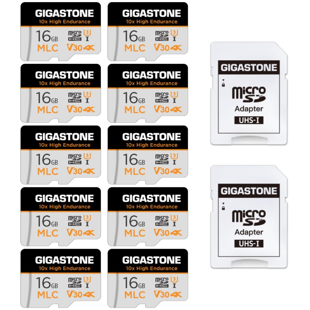[10x High Endurance] Gigastone 16GB MLC Tarjeta de Memoria Micro SD, Paquete de 10, grabación de Video 4K de Alta Resistencia 10x, Cámara de Seguridad, vigilancia, Tablero 95MB/s, U3 C10 Micro SD MLC