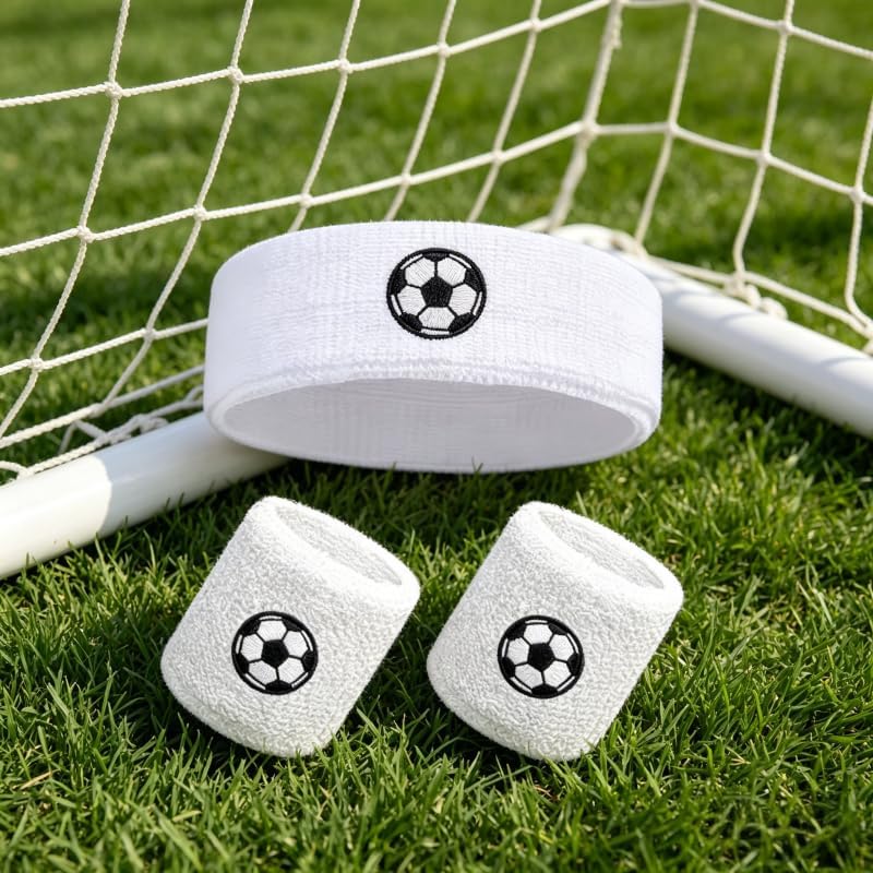 Sports Headband with Wristbands, White Soccer Pattern, High Elastic Sweatband for Basketball, Running & Fitness