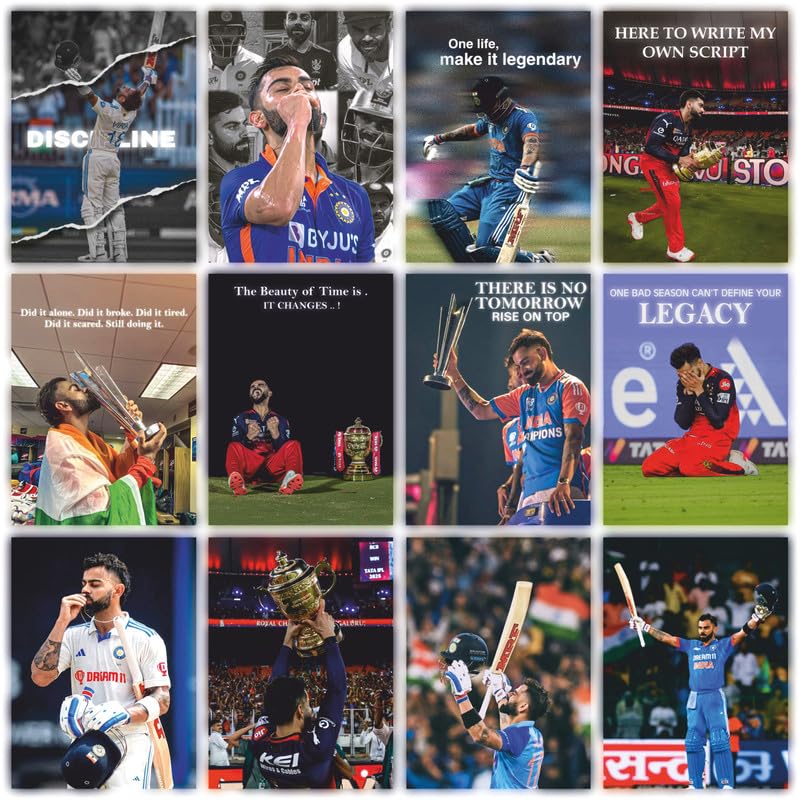 Image of POSTERONN Virat Kohli Wall Posters Set of 12, 8x12 Inch HD Matte Prints on 300 GSM Paper | Motivational Quote Posters | Room Decor Wall Art | Glue Dots Included | Bedroom Living Room Display Set