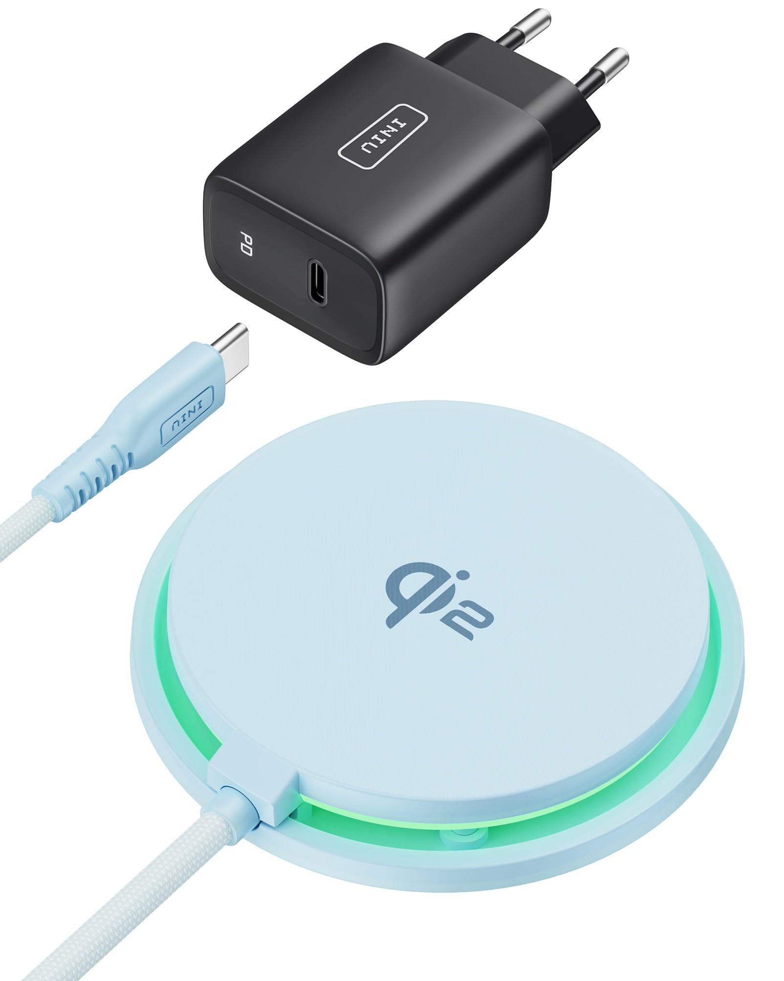 INIU Wireless Charger Azzurro, 15W Certificato Qi2 Mag-safe Caricatore Senza Fili per iPhone 16 Pro, 15, 14, 13, 12 Plus & AirPods Pro 4/3/2 – Cavo USB-C e Adattatore Inclusi
