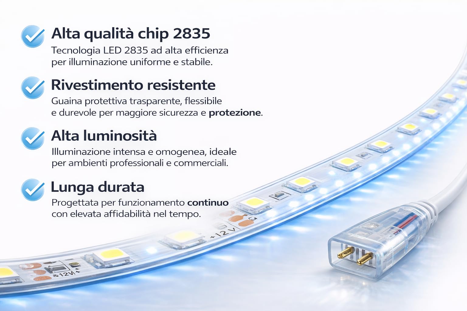 Generico Striscia LED 100 Metri 8mm 220V 8W/M 120 LED/M 2835 – Luce Blu Alta Luminosità – Taglio Ogni 10cm – Include 10 Spine – Striscia LED Professionale per Interno Esterno