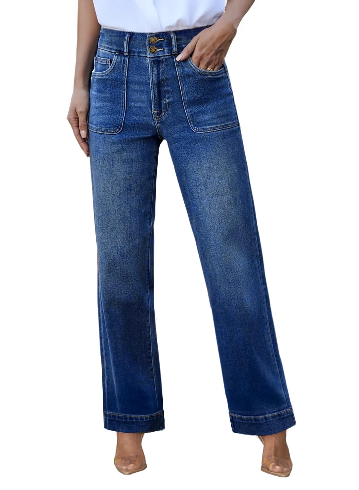 Sidefeel Women's High Waisted Straight Leg Jeans Stretchy Tummy Control Wide Leg Denim Pants with Pockets