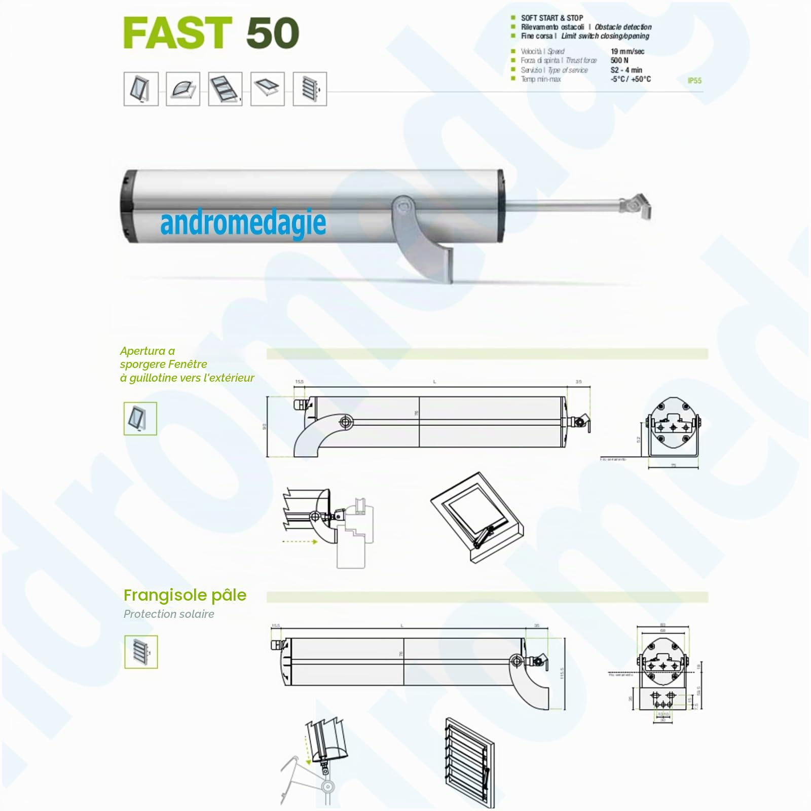 Fast 500N 230 V Corsa 300 mm Moteur actionneur à tige pour fenêtres à saillie Lamelles franges, cuillères, lucarnes