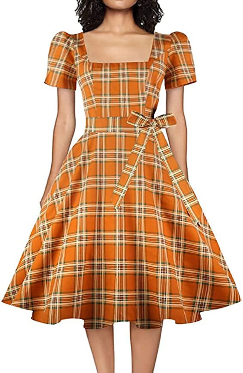 OBBUE Women's Square Neck Dress Vintage 1950s Cocktail Party Dress with Puff Sleeves