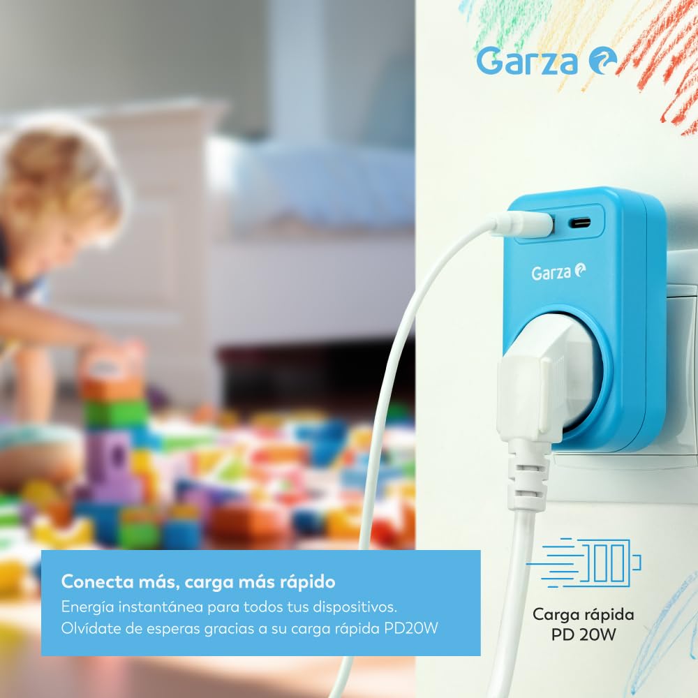 Adaptador Garza 3 En 1: Toma Schuko + USB-A QC3.0 + USB-C PD20W, Carga Rápida Y Protección Infantil