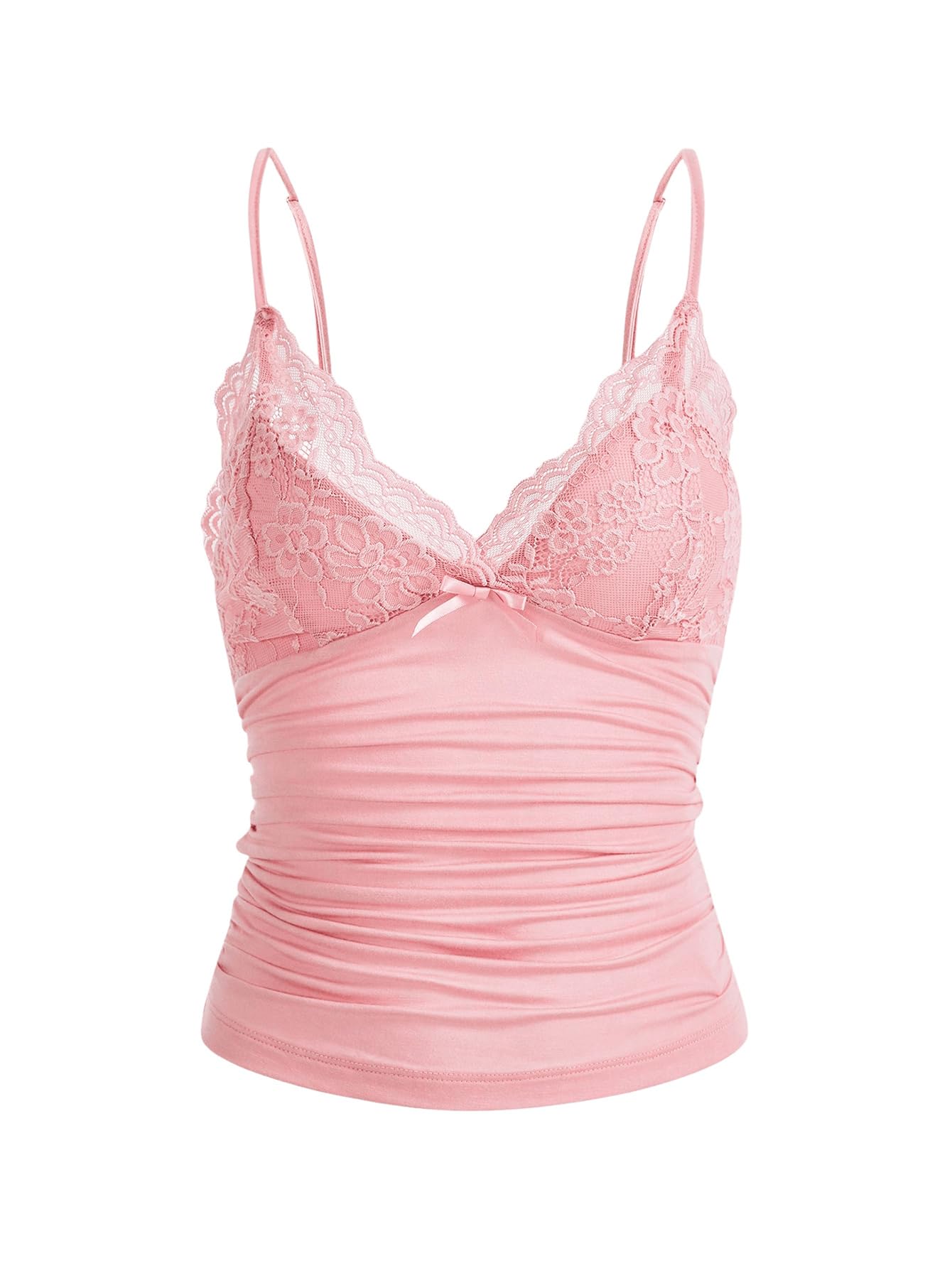 GORGLITTER Damen Y2k Camisole Spaghettiträger Tops Crop Top V-Ausschnitt Oberteil mit Kontrast Spitze Rosa L