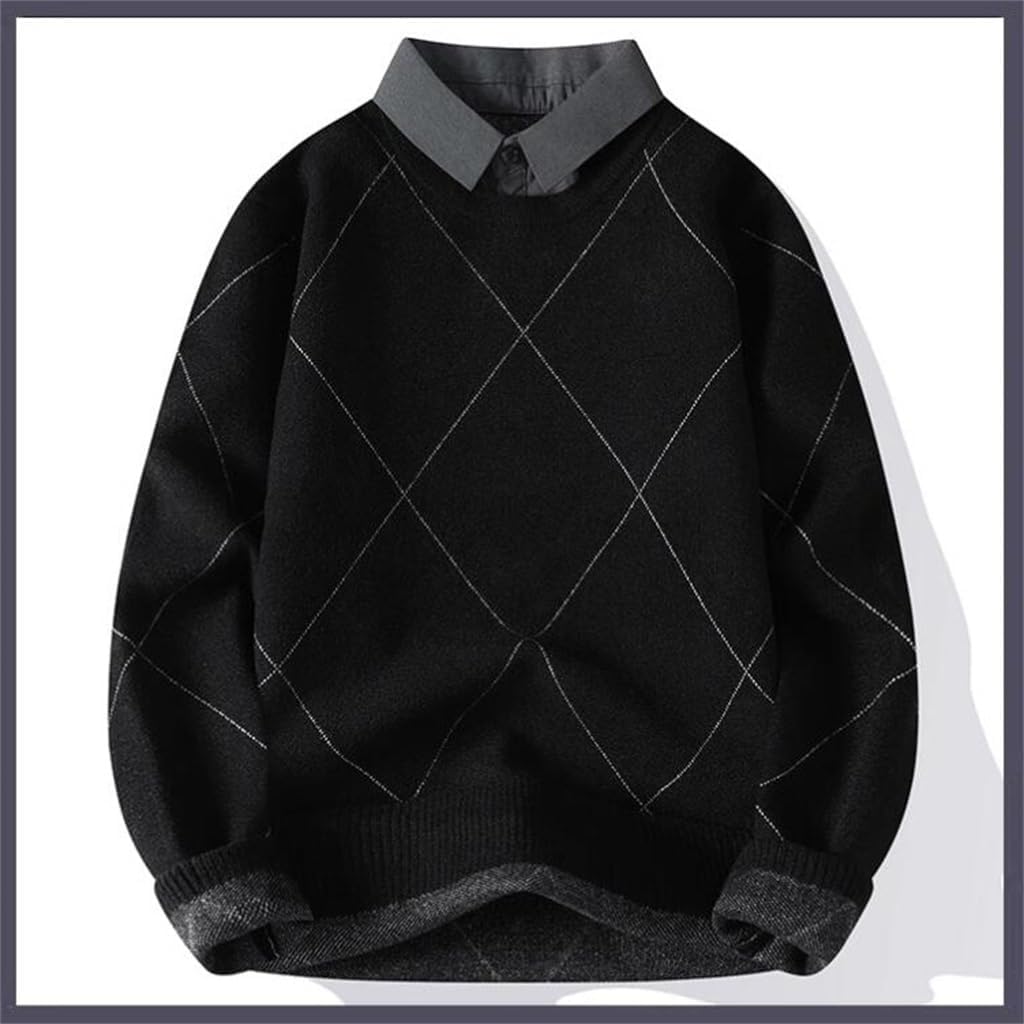 Shirt Men's Long Sleeved Autumn and Winter Vacation Two-Piece Coat with Sweater Lining Shirt Collar Knit Sweater(Medium)