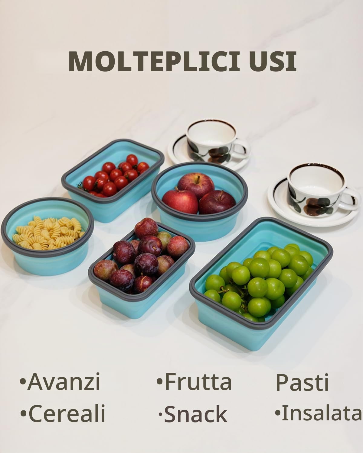 Lunememo Contenitori Pieghevoli Per Alimenti, Adatti al Congelatore e Alla Lavastoviglie, Contenitori per Pranzo in silicone, Adatto per Campeggio, Coperchio, 16 Pezzi, Blu
