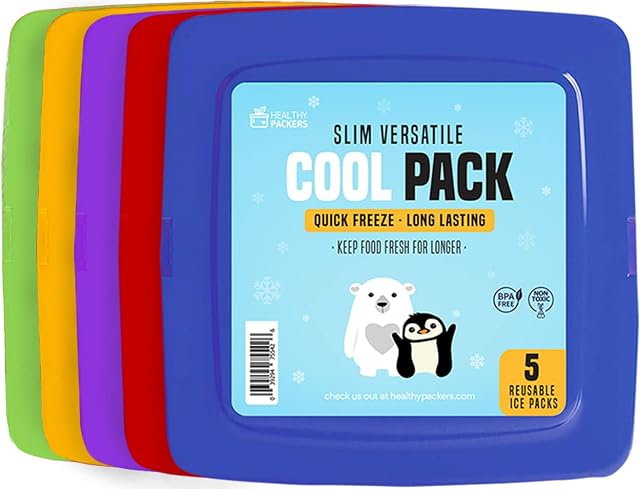 Cool Pack, Slim Ice Pack for Lunch Box - Quick Freeze and Long-Lasting - Freezer Cold Packs for Cooler Bag and Lunch Boxes - Original Long-Lasting Formula - (5 Pack)
