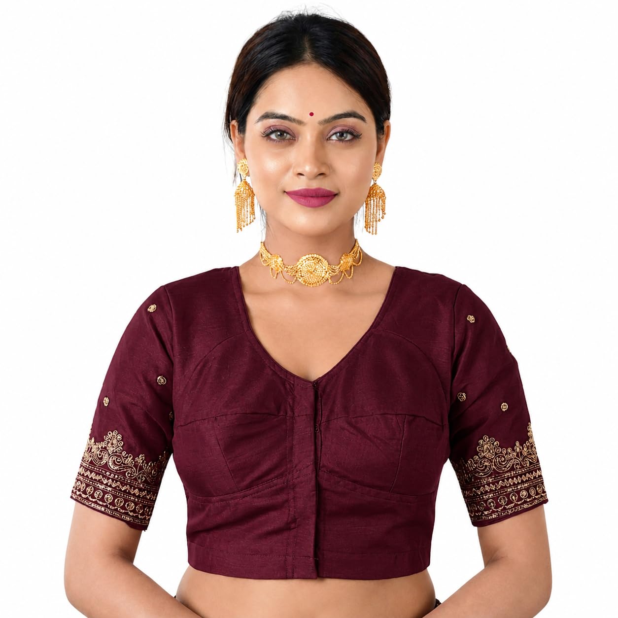 ziksa Traditional Embroidered Saree Blouse, Silk with Gold Border Design, V-Neck Front and Tie-Back Style, Half Sleeve Crop Top for Women-picture-25