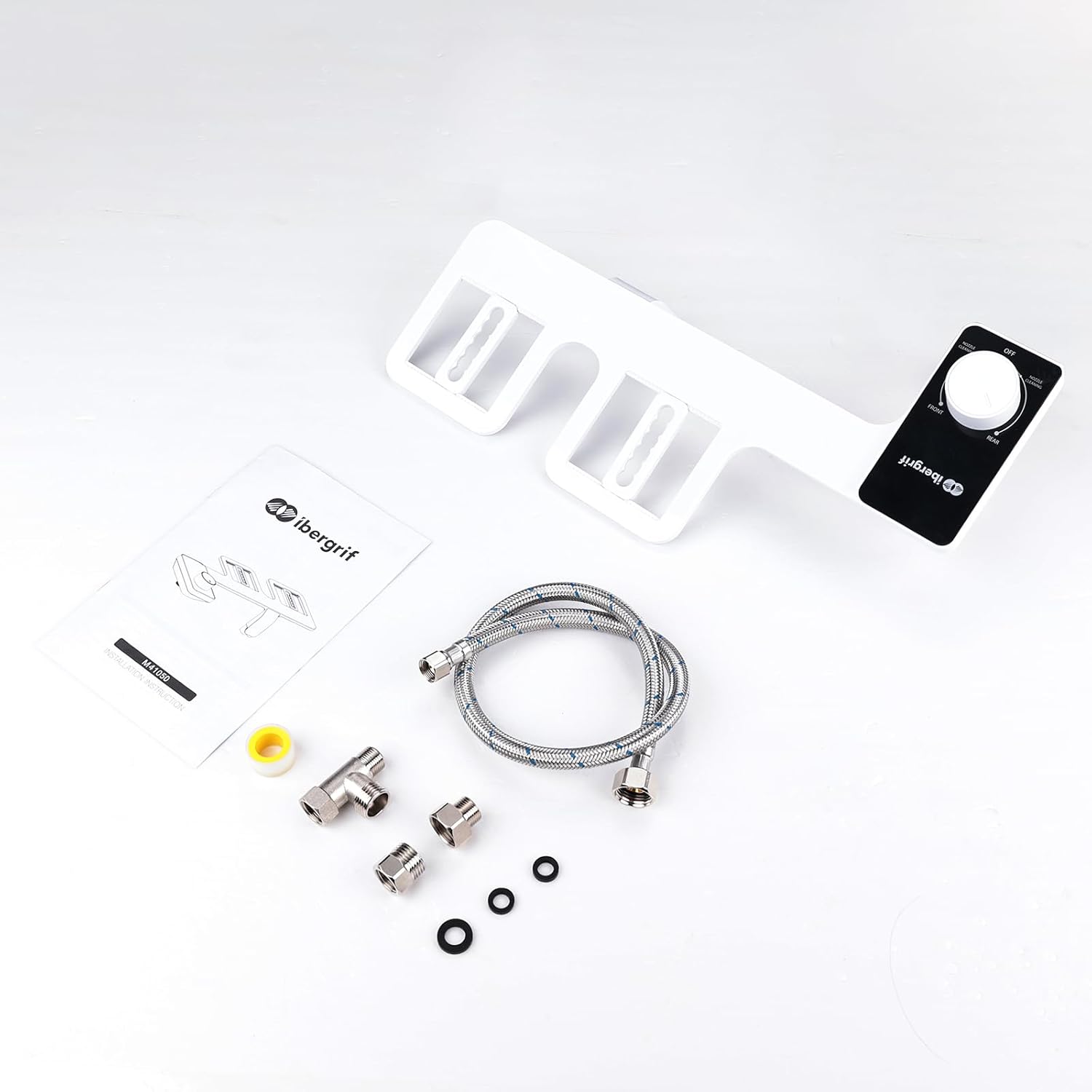 All components included with the Ibergrif M41050 bidet attachment: bidet unit, T-adapter, hose, and seals