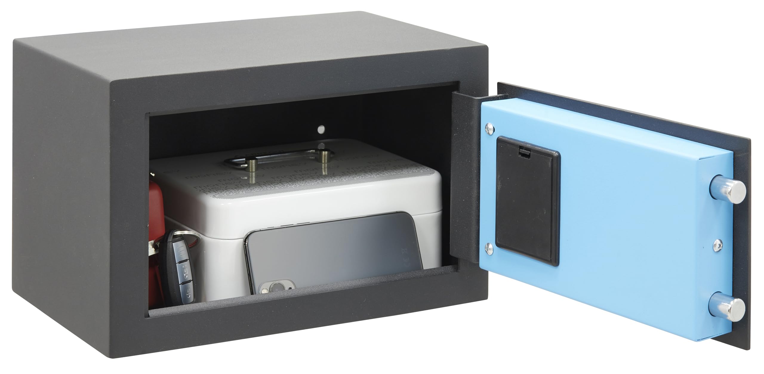 ARREGUI Blue 650110 Coffre-fort en acier avec serrure électronique à code | 20x31x20 cm | 10 L | Coffre fort de sécurité pour la maison | Clavier à code programmable | Clé d'ouverture d'urgence | gris