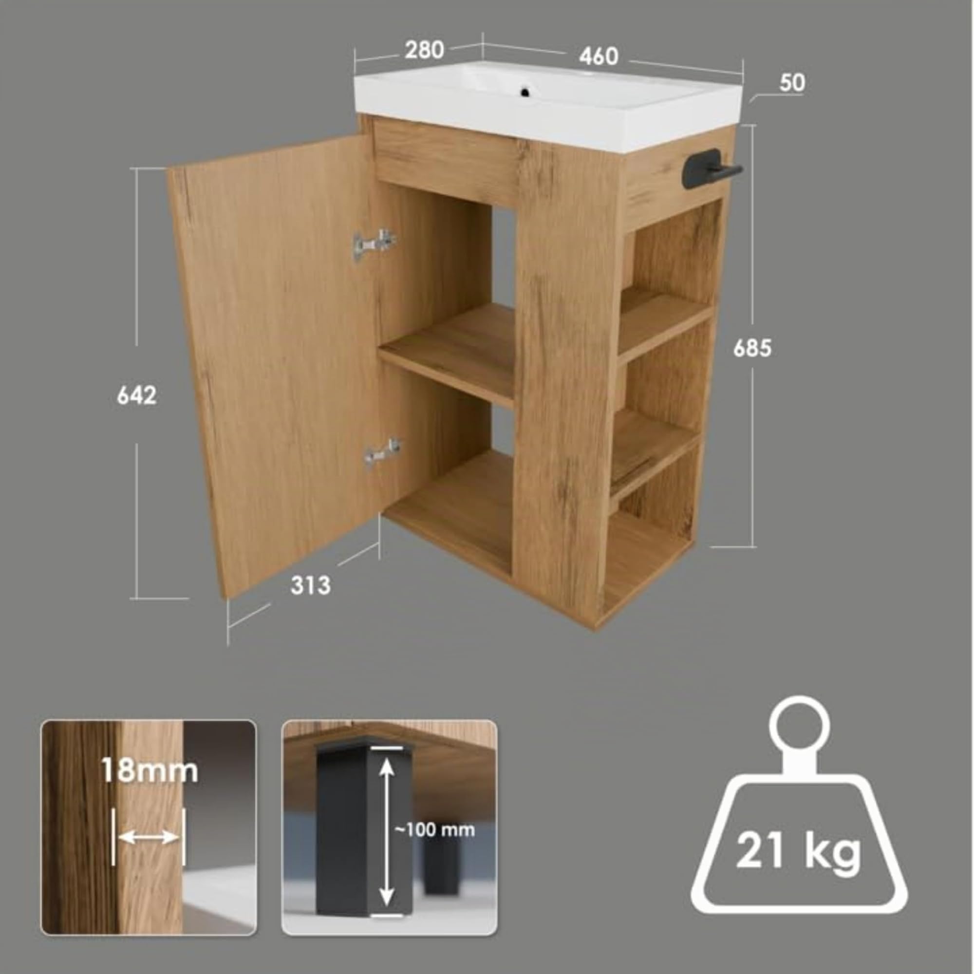 Lavabo con Armario Bajo SEVA, 46 cm de Ancho, Tocador de Pie O Colgante, Juego de Muebles de Baño para Baño, Armario Bajo Lavabo con Soporte para Papel Higiénico - Roble Lancelot
