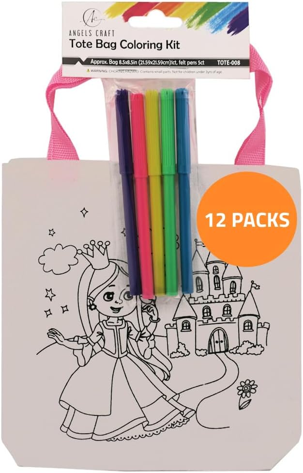 Angels Craft 12 Pack Coloring Tote Bag Kit - Cute Princess Pre Drawn Design with 5 Markers for Creative Fun Painting - Ideal for Gifts Birthday Bags