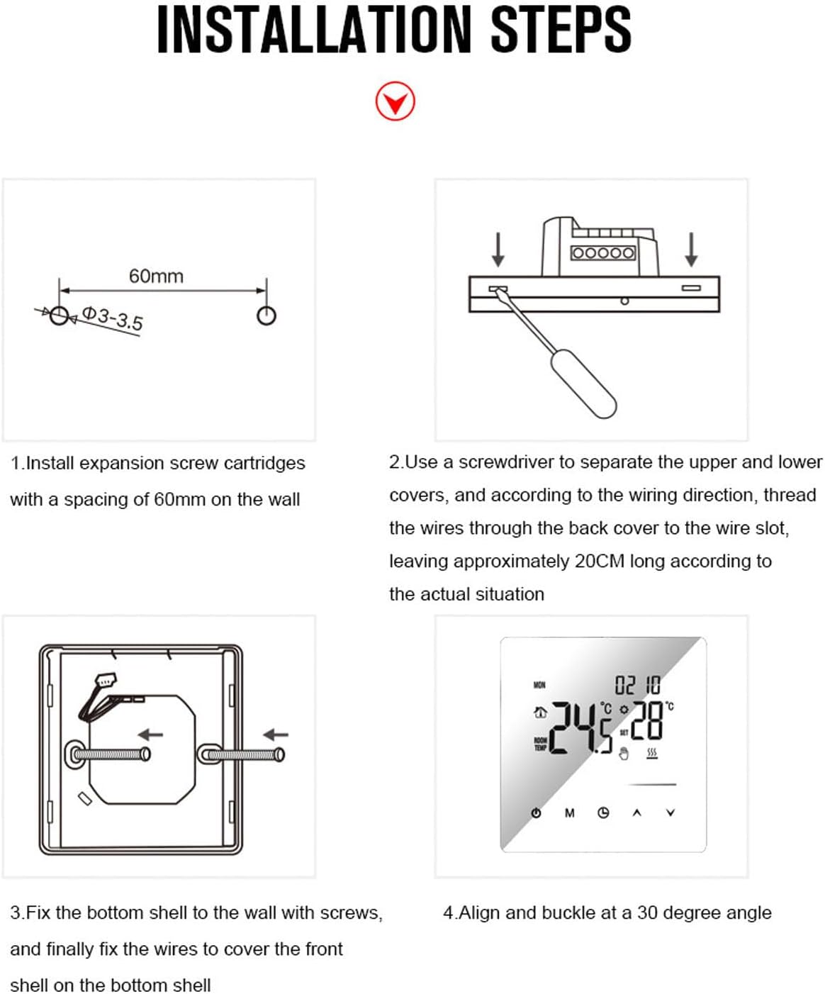 Digital Thermostat, Programmable Digital Thermostat LCD Display Home Thermostat for Electric Floor Heating Home Hotel Office AC90‑240V, Programmable ()