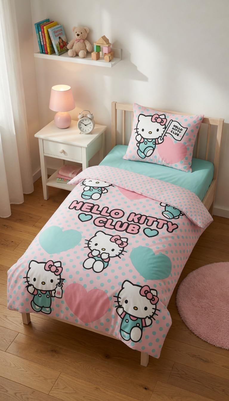Hello Kitty Club Housse de Couette Bébé 100x135 + Taie 40x60 Rose Bleu | Parure de lit bébé réversible | Coton naturel doux respirant Oeko-Tex | Sanrio | Fille 0-3 ans | Lit à barreaux