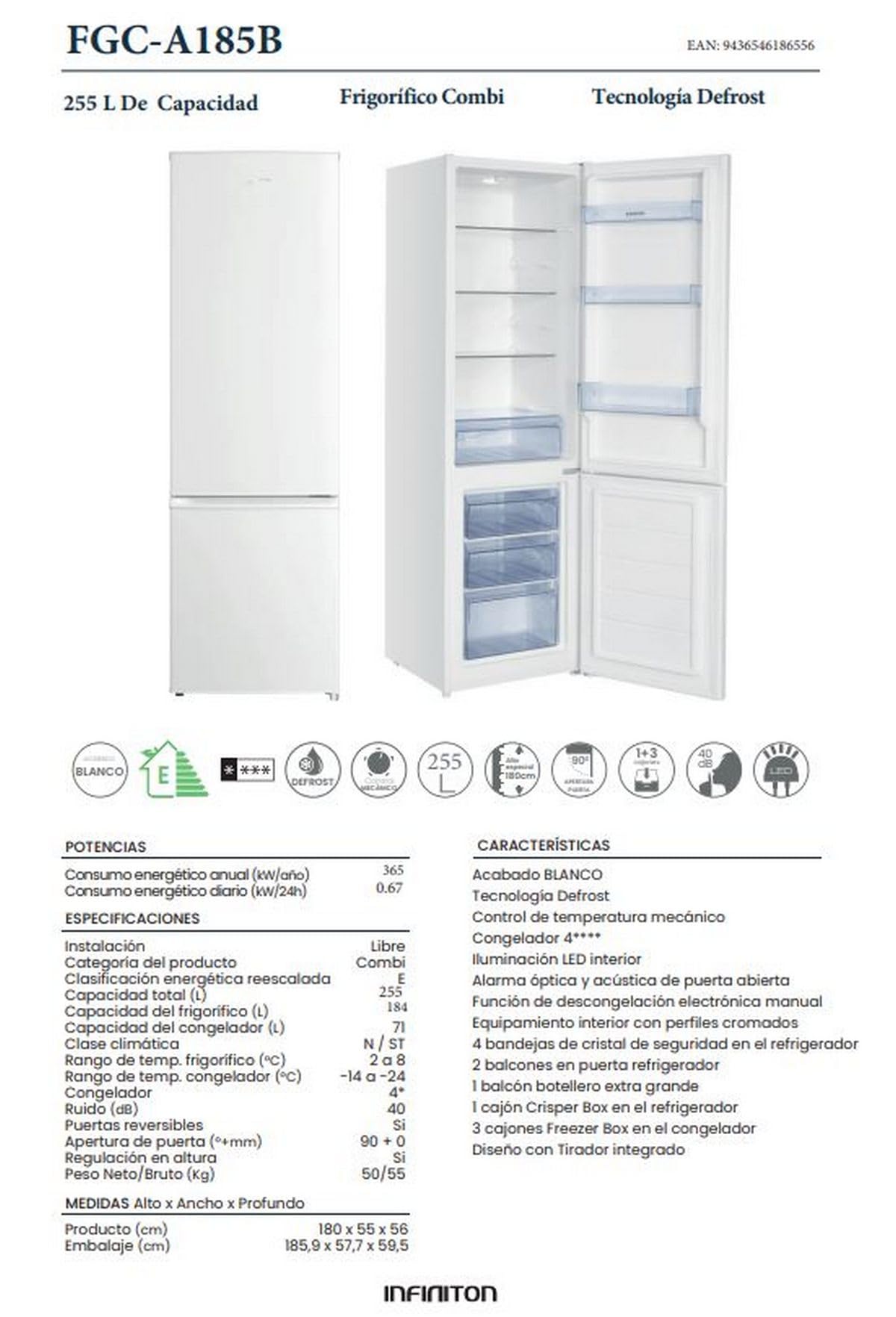 INFINITON Frigorifico Combi FGC-A185B, 255 Litros, 180 cm de Altura, Defrost, Led Interior, Regulación en Altura, Puerta reversible, Ancho Especial de 55 cm, E, Blanco
