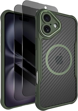 for iPhone 16 Case, with 2X Privacy Screen Protector, Compatible with MagSafe, [Camera Protection] [15ft Drop Protection] Slim & Rugged Magnetic Phone Case for iPhone 16, Green
