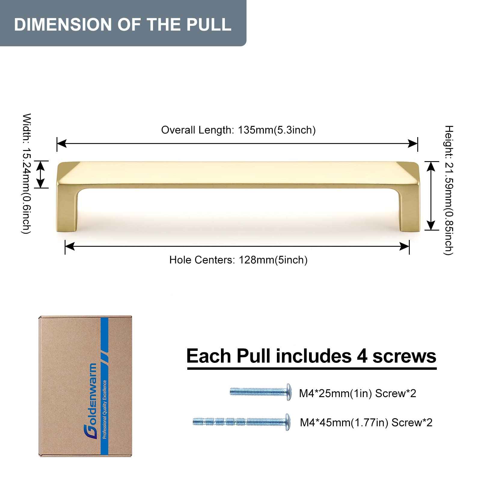 Goldenwarm 20pack Gold Handles for Cupboard 128mm(5-1/16Inch) Hole Center Solid Zinc Alloy Gold Wardrobe Handles - Image 2