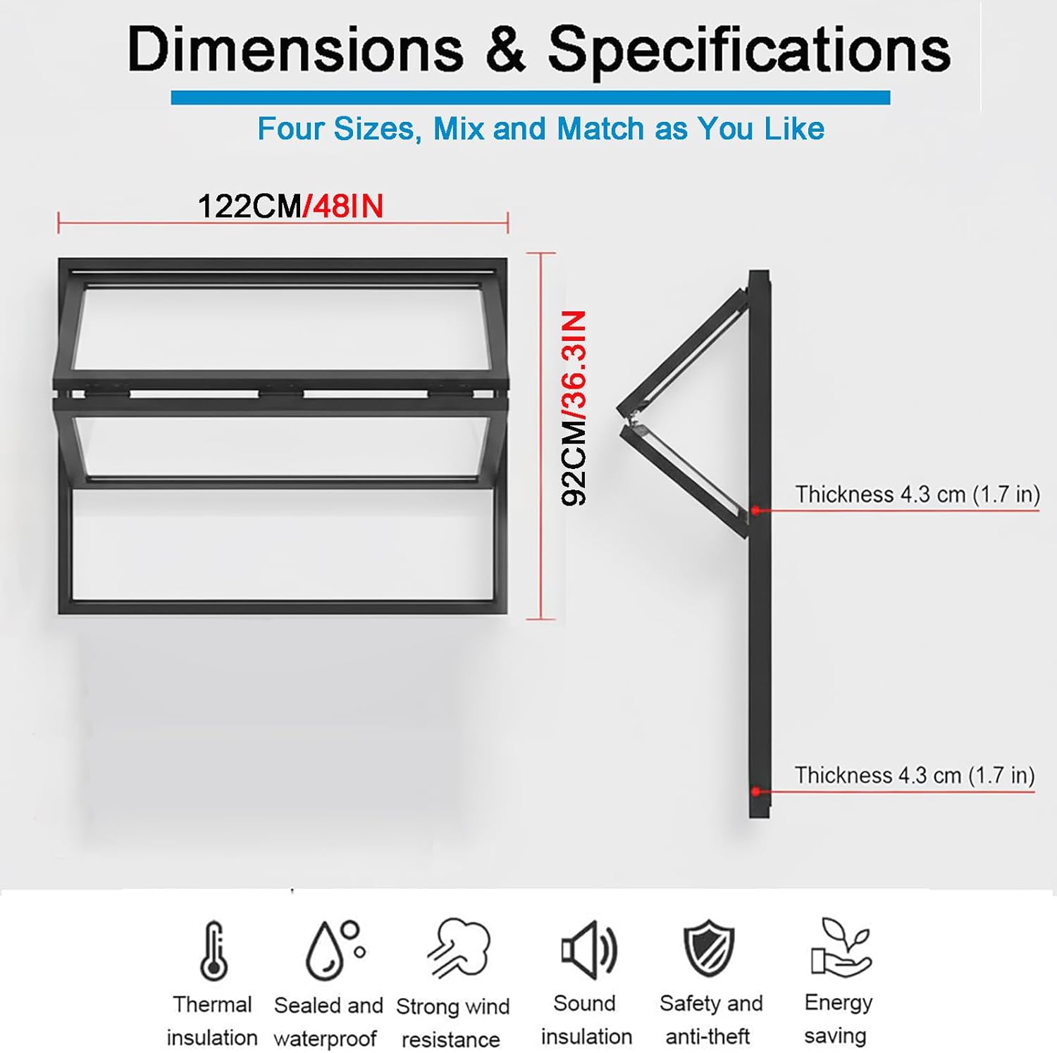 Aluminum Frame Up Down Foldable Sliding Windows, Mobile Home Windows with 5mm Tempered Glass with Locking Handle, Roll-up Type Serving Windowfor Shop Home Decorate (48 * 36.3IN White)