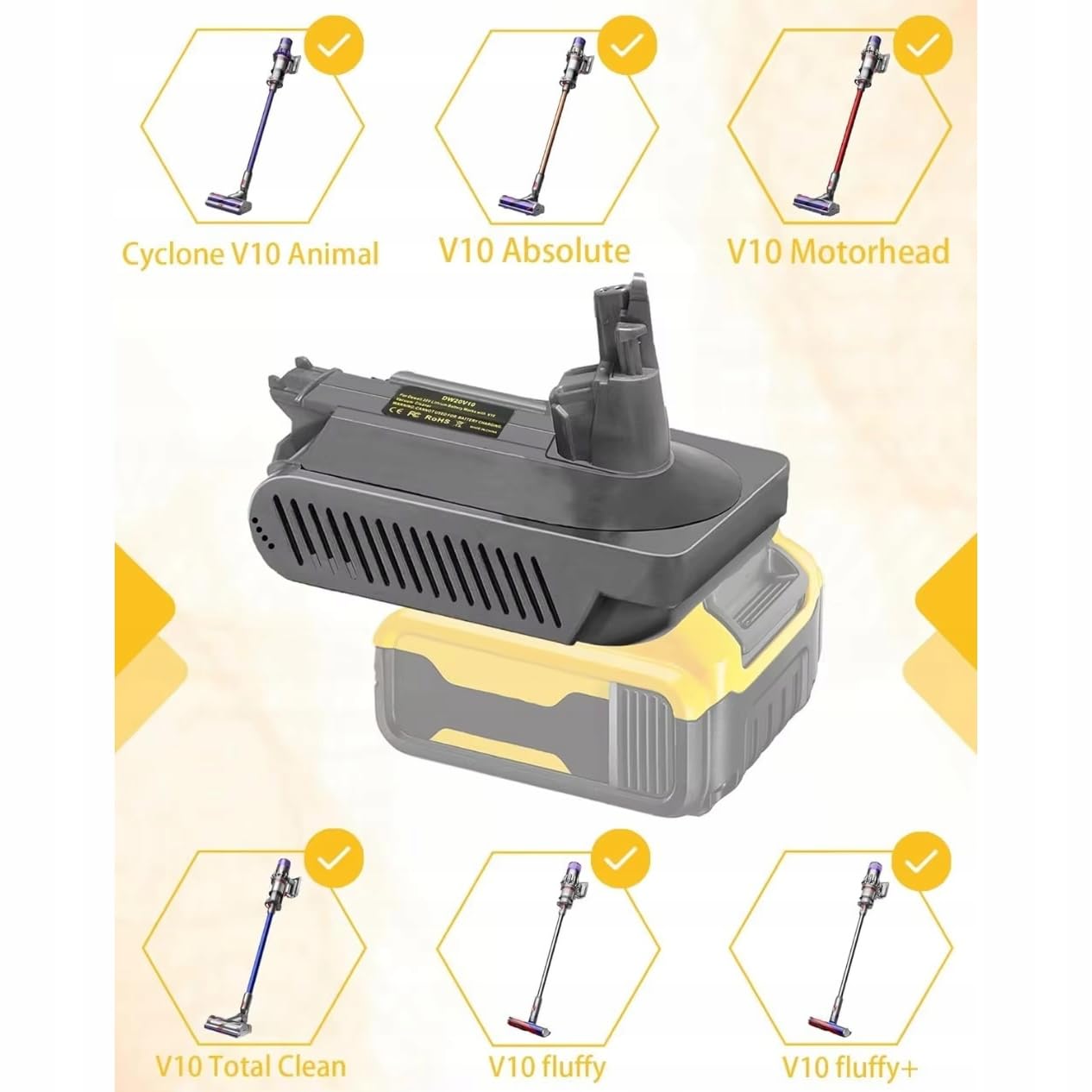 Rosfix Adapter do akumulatora Dewalt 18/20/60 V powyżej 4 Ah | kompatybilny z Dyson V10 Cyclone/Animal/Absolute/Fluffy | Wytrzymały materiał ABS | Adapter akumulatora