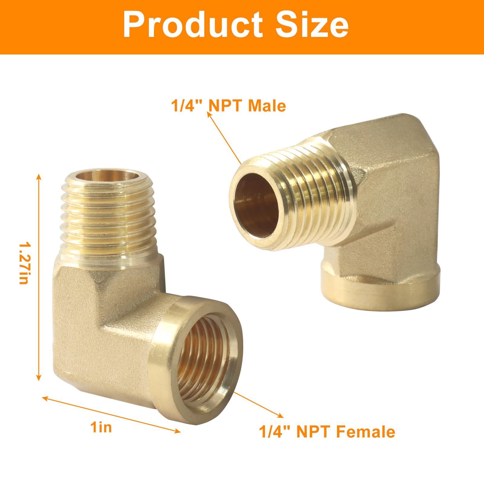 2 accesorios de latón con codo de 90 grados, NPT macho de 1/4 pulgadas a hembra NPT de 1/4 pulgadas, conector de fontanería forjado resistente a alta presión y temperatura para aire, gas