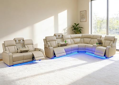 Miniatura 37 de Juego de sofá seccional reclinable eléctrico con luz LED, sofá esquinero reclinable de cuero y silla, muebles reclinables de teatro con Crema