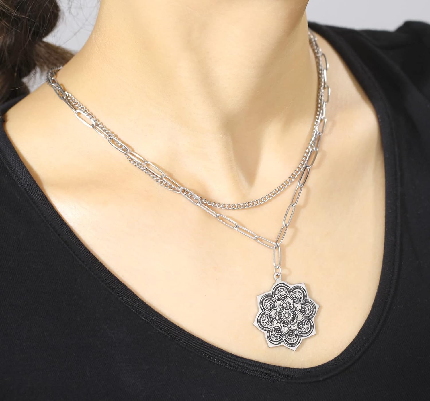 EUEAVAN Women Mandala Flower of Life Necklace, Dainty Layered Stainless Steel Chain Buddhist Lotus Flower Om Mandala Pendant Necklace, Mandala Gifts for Women and Girls - Image 5