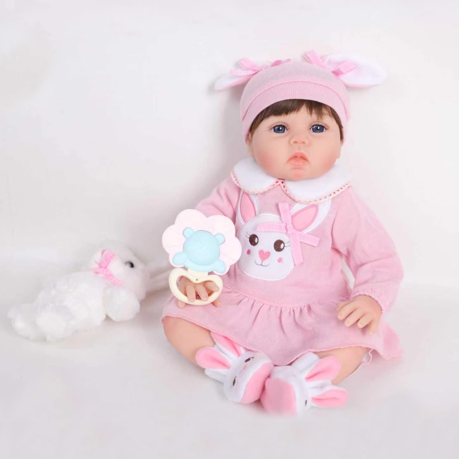22 Pollici Bambole Reborn realistica bambine 55 cm, corpo imbottito in cotone, tuta a tema coniglio rosa, ciuccio, biberon e Sonagli, regalo per bambini dai 3 anni in su