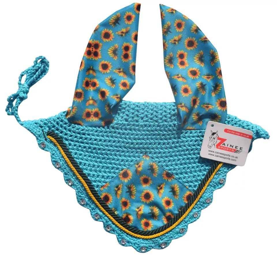 Zainee Sports Teal Sunflower All Purpose English Saddle Pad with Matching Fly Bonnet – Handmade Jumping Saddle Pad Set (Horse/Full)