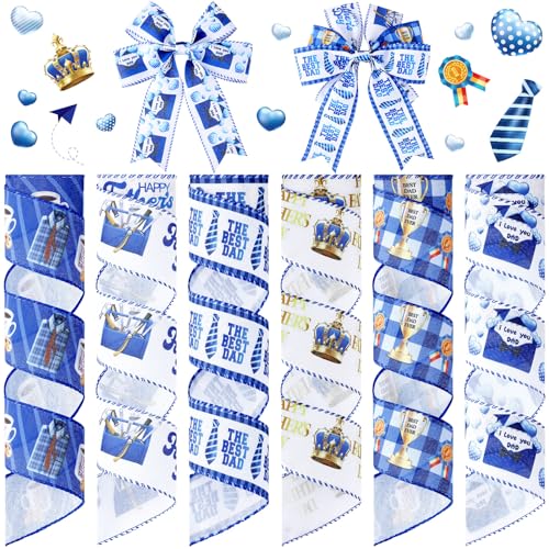 Yuxung 6 Rolls 30 Yards Father's Day Blue Gift Craft Ribbon for Happy Father's Day Party Decorative Ribbon Gift Wrap Ribbon for Wrapping Gifts Making Bow Box Table Decor