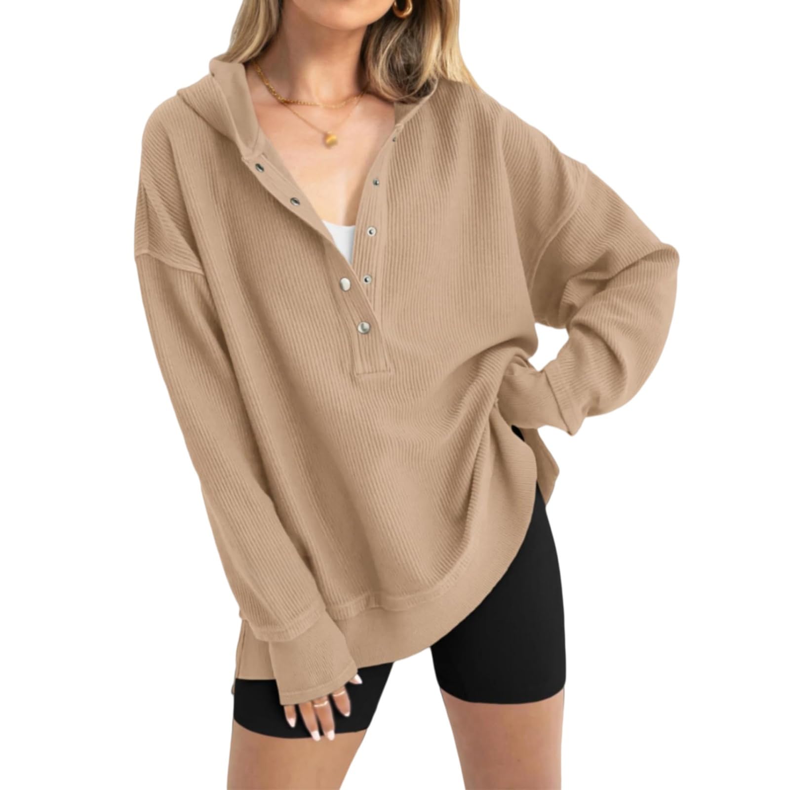 Bluza damska, luźny krój, dekolt w serek i rozcięcia z boku; odzież codzienna na jesień i zimę (Khaki, M)