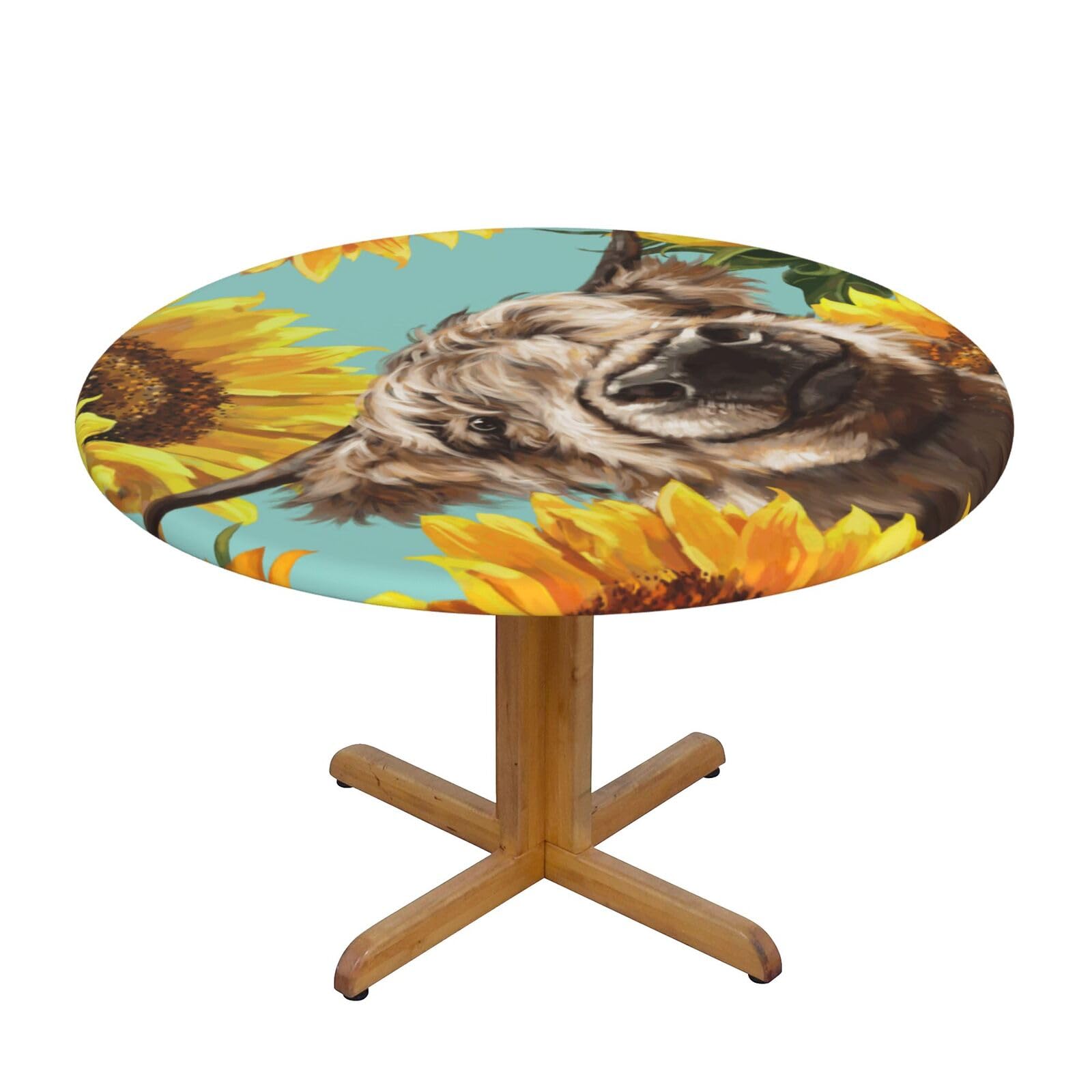 Ffshkowe Cow With Sunflowers In Blue Elastic Round Tablecloth Oil Proof Table Cover For Dining Party Picnic