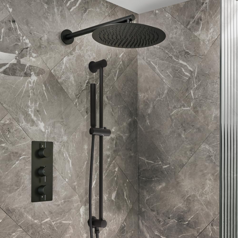 Milano Black Otto Thermostatic Mixer Valve 300Mm Shower Head Handset Riser Rail