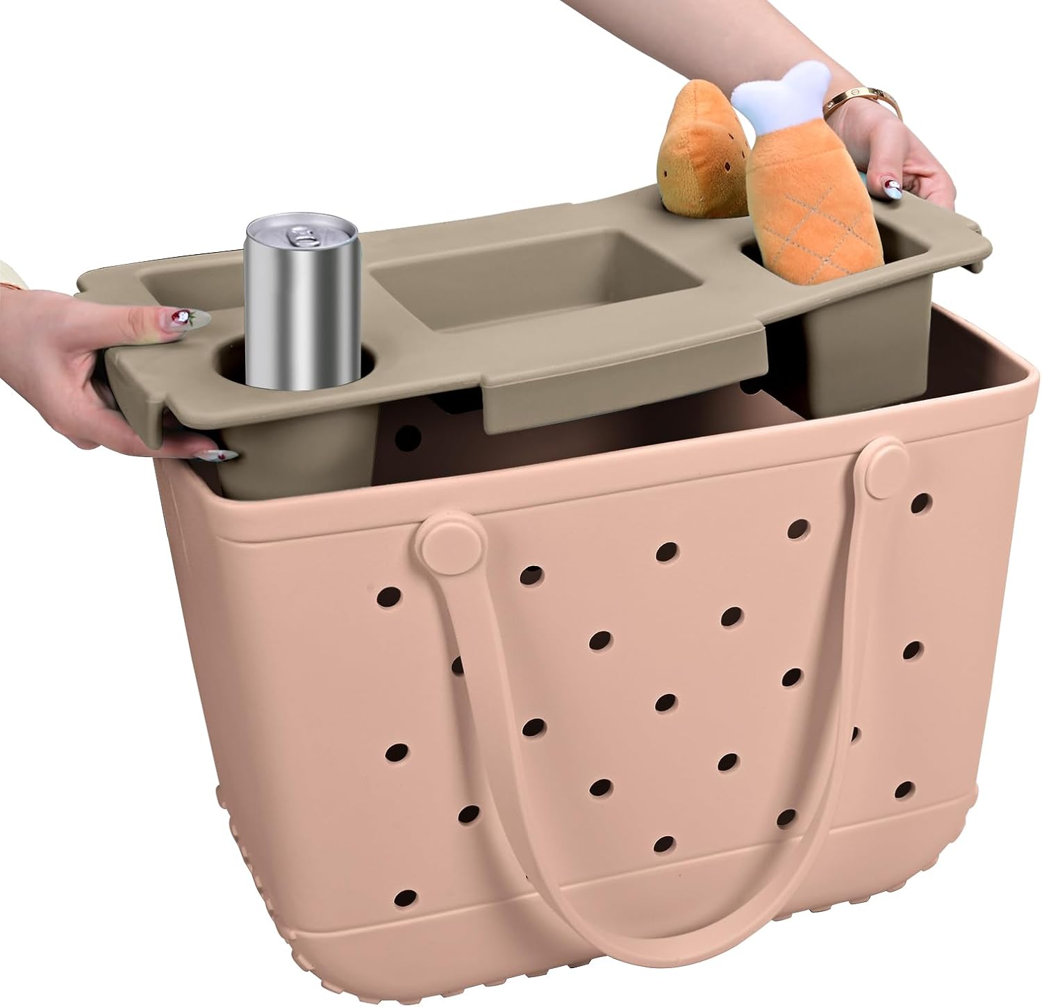 Tote Topper Tray Accessories for Bogg Bag Large – Waterproof EVA Table Top Organizer Lid with Cup Holder, Snack, Phone & Drink Holders for Beach, Pool, Picnic, Travel (Khaki)