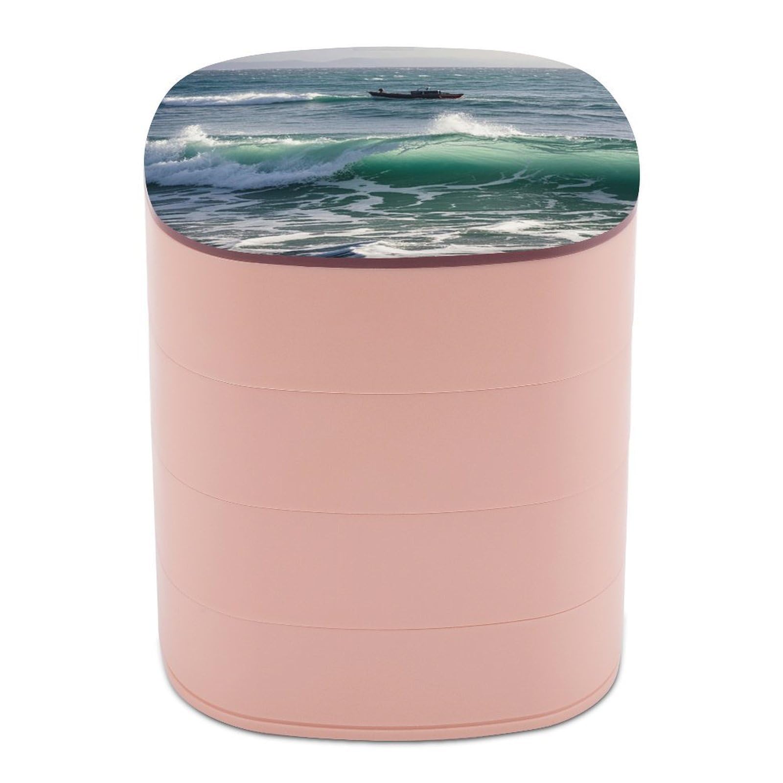 LZQPOEAS Smooth Sea View Jewelry Box with Mirror 4-Layer Rotating Travel Jewelry Case Small Jewelry Organizer Portable Jewelry Storage Box Rings Stud Necklaces Earring Holder for Women