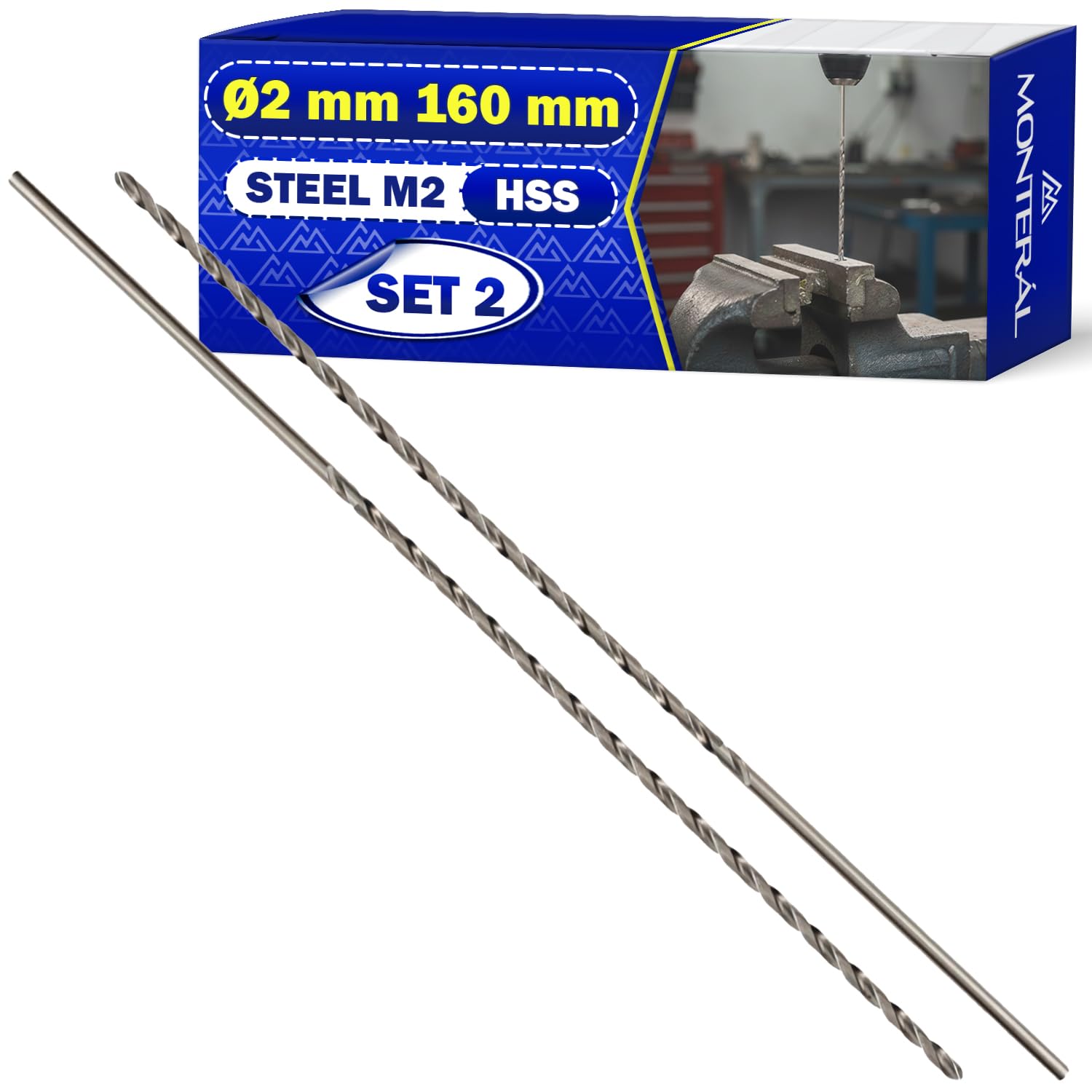 2 Piezas HSS Brocas para Metal Duro Largo Ø 2mm 160mm en Acero Aleado Templado M2 - Juego Brocas Metal Duro Puede Usarse para Hierro Acero Metales No Ferrosos - MONTERAL