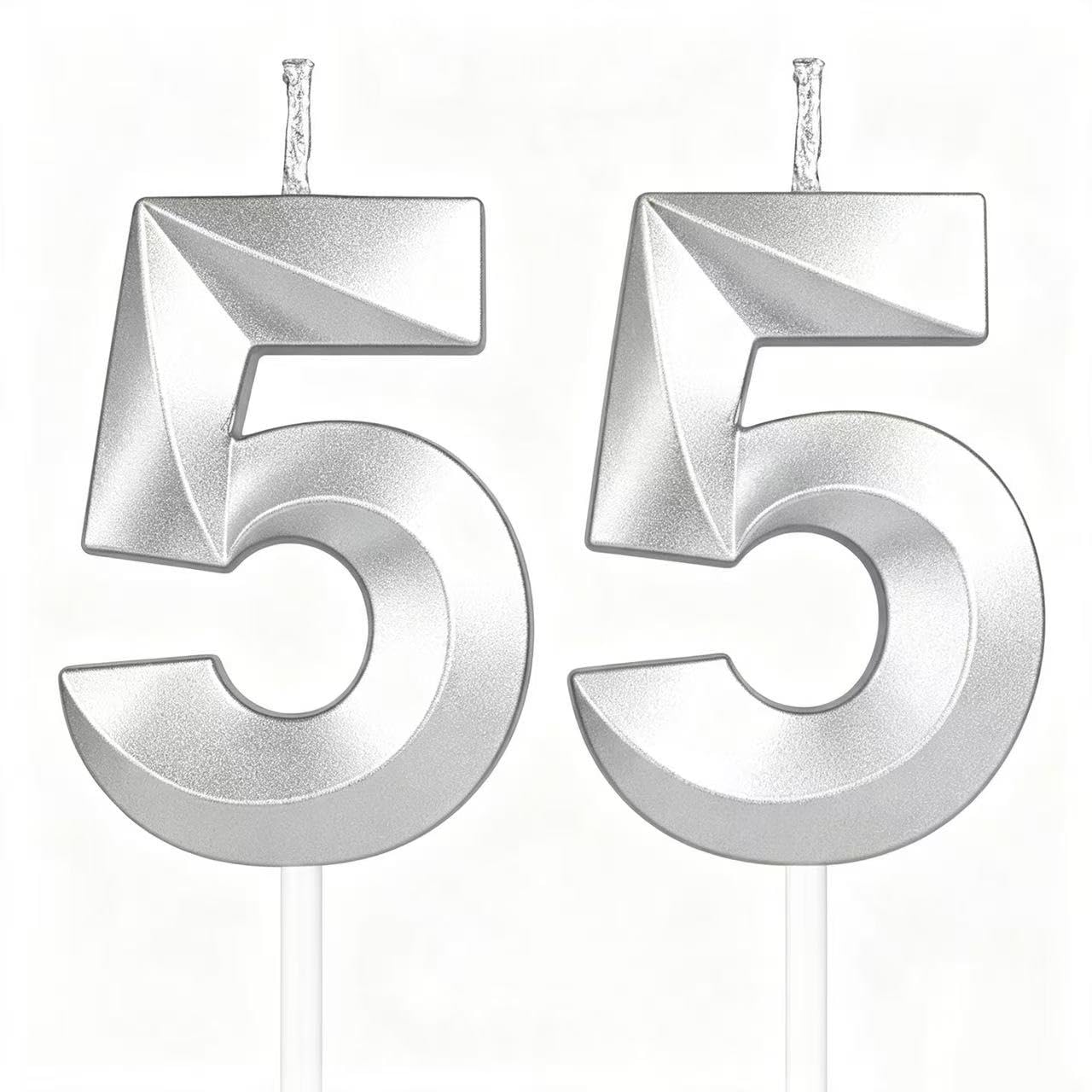Yiran 3D Birthday Candles, Silvery Number 55th Candle, Boys Girls Men Women Cake Topper Birthday 55 Year Old Party Wedding Anniversary Celebration Supplies — image 1