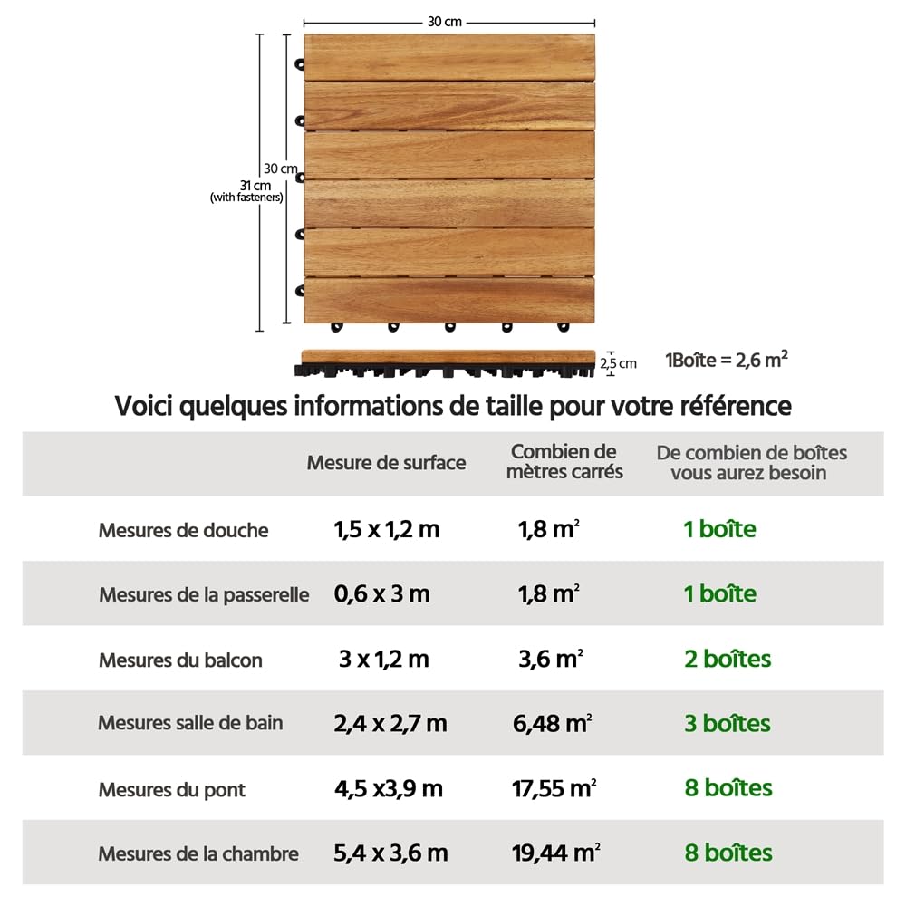 Yaheetech Caillebotis Bois Exterieur 27 PCS, Dalles de Terrasse en Bois d'acacia 30 x 30 cm, Revêtement de Sol Extérieur Intérieur pour Terrasse et Balcon
