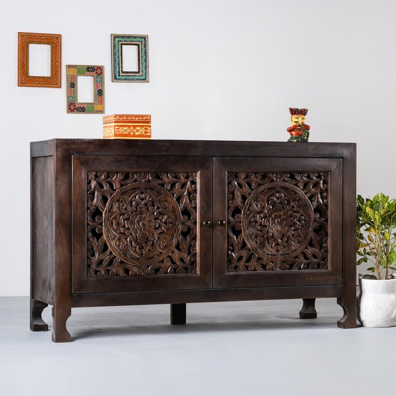 Image of Yepa Wooden Sideboard Cabinet for Living Room | Handcrafted Solid Wood Storage Cabinet with Carved Doors | Crockery Cabinet for Home | Crockery Furniture for Home (Walnut)