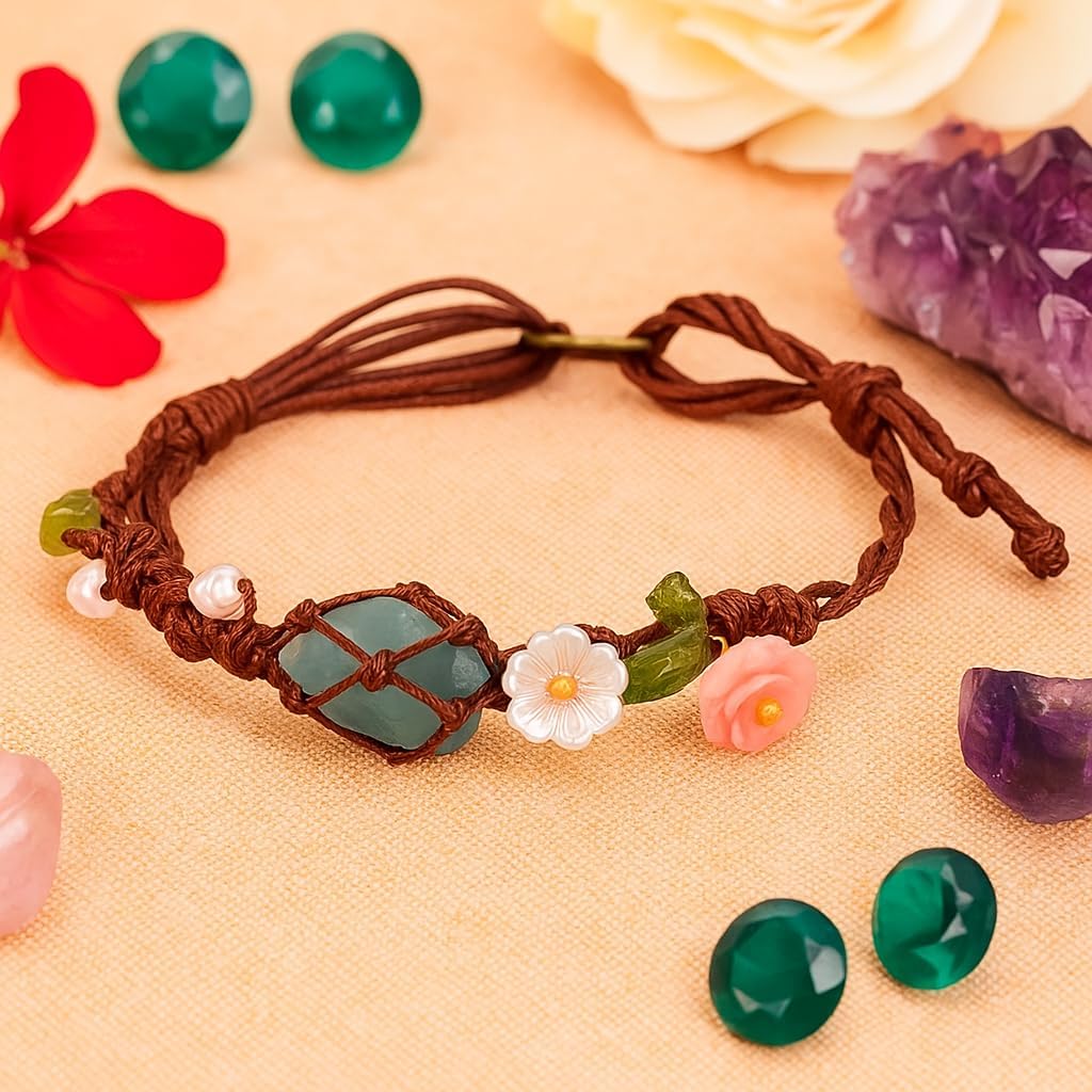 Handmade Boho Aquamarine Bracelet – March Birthstone Jewelry with Pink Rose & White Daisy, Adjustable Natural Gemstone Bracelet for Women, Floral Light Blue Crystal Bracelet Gift for Her - Image 6