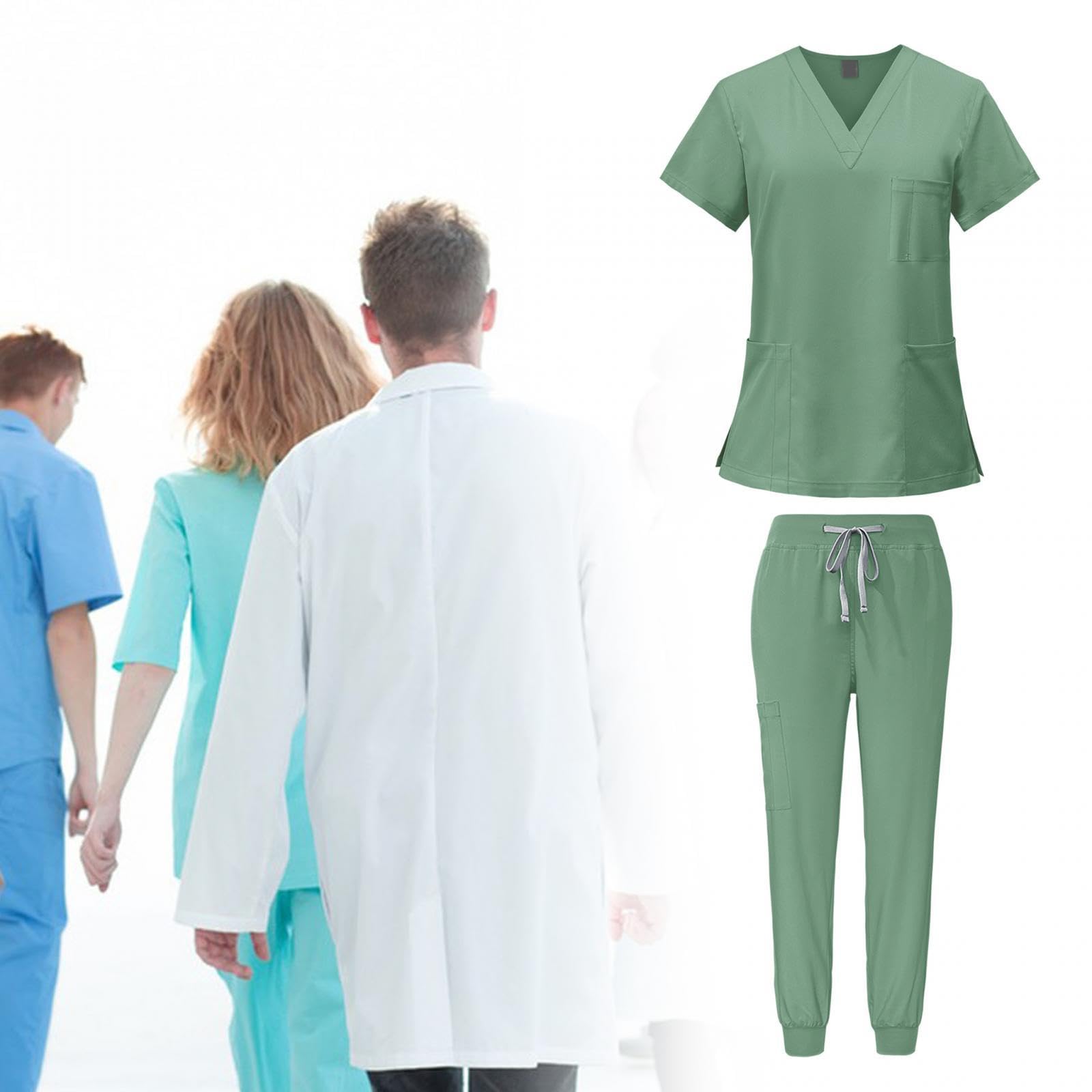 LOVIVER Female Scrub Set Nurse Workwear V Neckline Professional Machine Washable Top and Joggers Pant Work Clothing for Beauty Center, Green, M