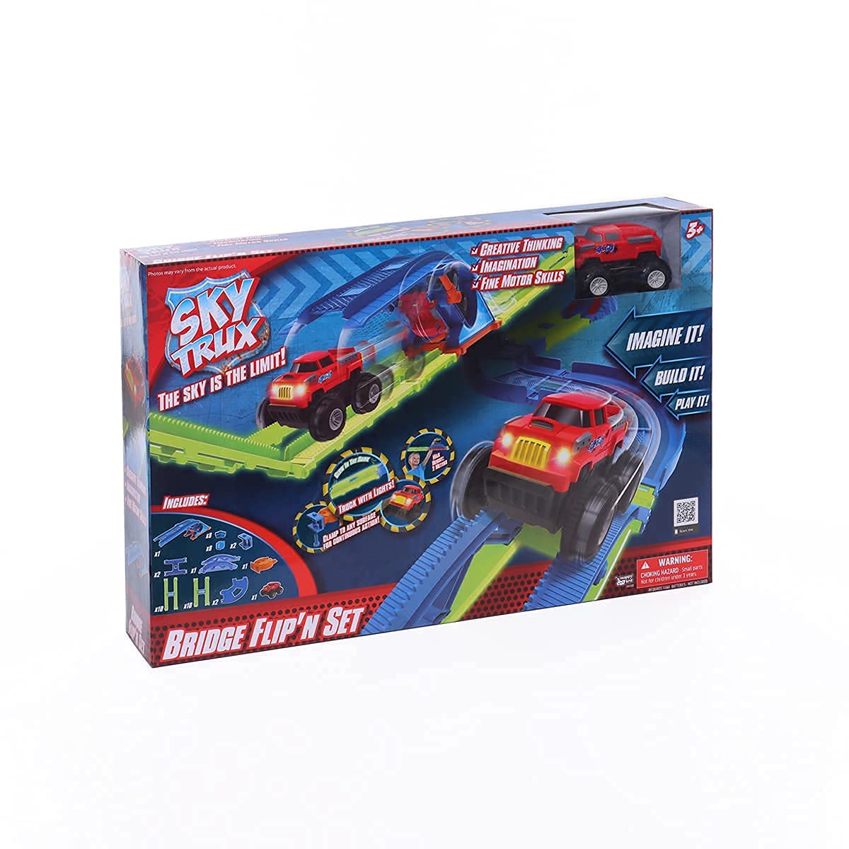 Sky Trux Race Car Track for Kids, 45 Pcs and 1 Car with Lights, Building Racetrack Speedway Playset, Glow in The Dark Bridge Flip'n Set