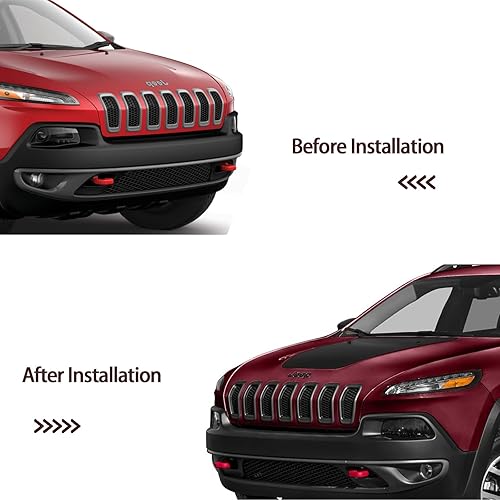 Miniatura 6 de Juego de anillos de parrilla delantera compatibles con Jeep Cherokee 2014-2018, kit de molduras de marco, anillos negro mate, 7 piezas