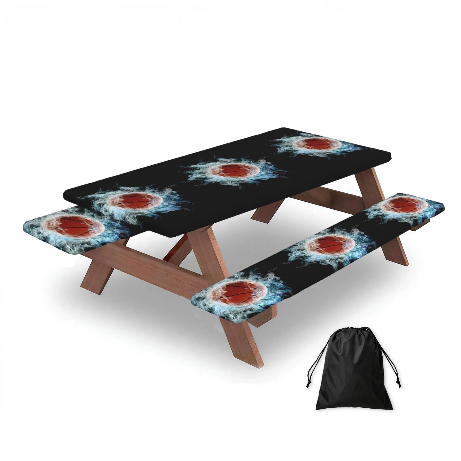 Abstract Basketball, Picnic Table Cover With Bench Covers -Waterproof Elastic Fitted Tablecloth for Garden Camping Patio 76x152cm