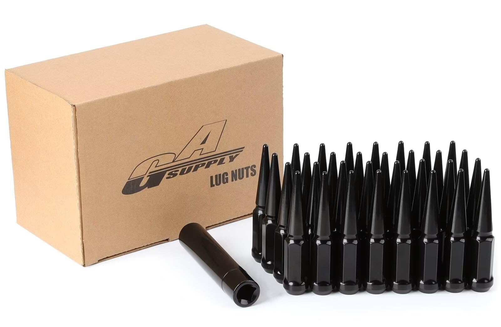 GAsupply 32 dadi per ruota da 14 x 1,5 con estremità chiusa, dadi a punta nera, sedile conico, altezza 11,2 cm, per ruote aftermarket e 1 chiave a bussola lunga