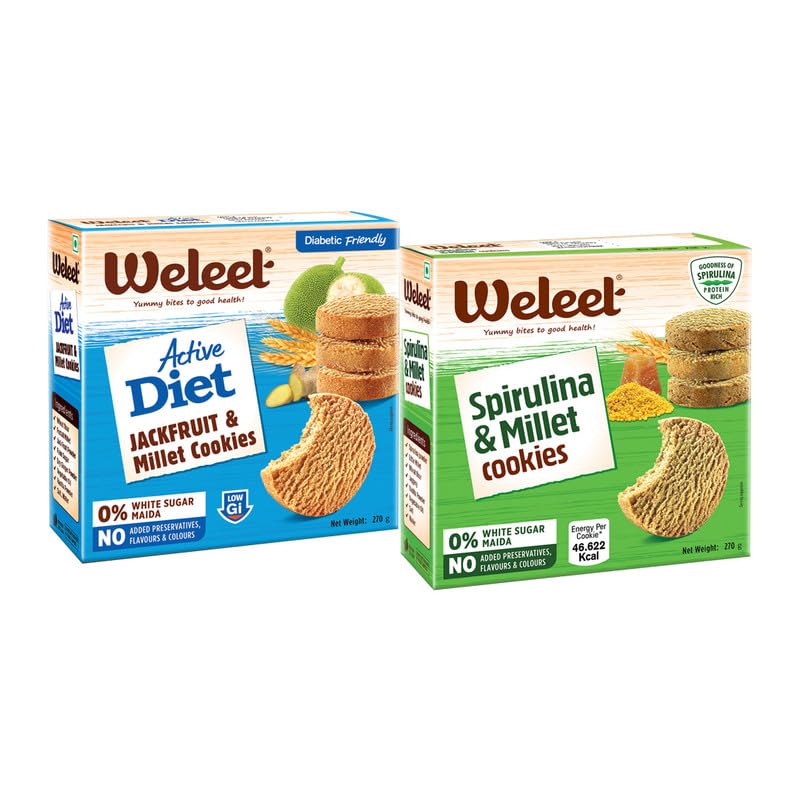 Image of Weleet Jackfruit & Millet and Spirulina & Millet Healthy Digestive Cookies| Home /Office Snack, Diabetic Friendly| Free of White Sugar & Maida, Free from Added Preservatives|Pack of 2 (Each 270gm)