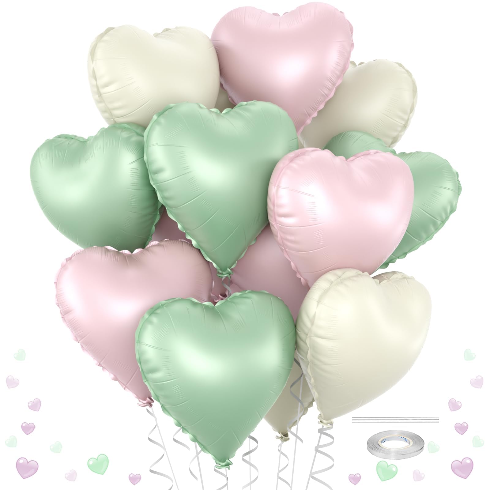 12 Pcs Heart Balloons - 18 inch Sage Green Heart Shaped Foil Helium Balloons for Wedding, Baby Shower, Valentine's Day Parties
