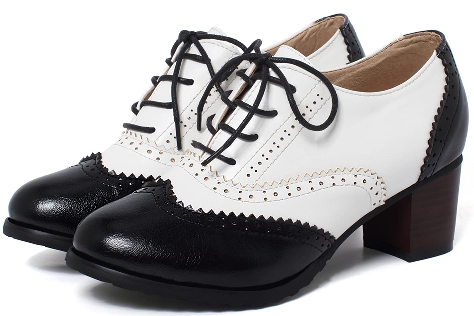 KOKOMOMO Womens Wingtip Oxford Heels Vintage Lace Up Chunky Brogue Shoes